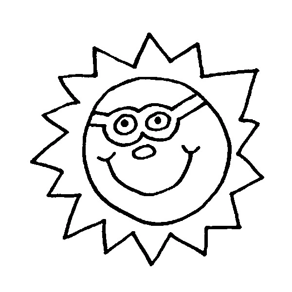 Coloring book of funny hot sun with glasses